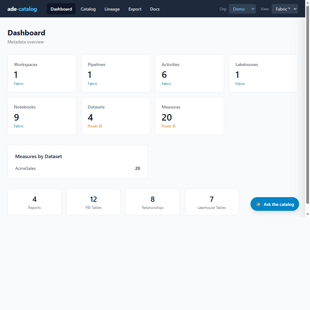 ade-catalog feature tour: metadata overview, catalog search, lineage navigation and the catalog assistant